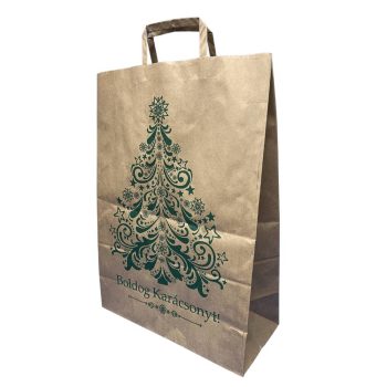   Szalagfüles papírtáska, papírszatyor - barna - KARÁCSONYI -  nagy (32+16x45 cm)